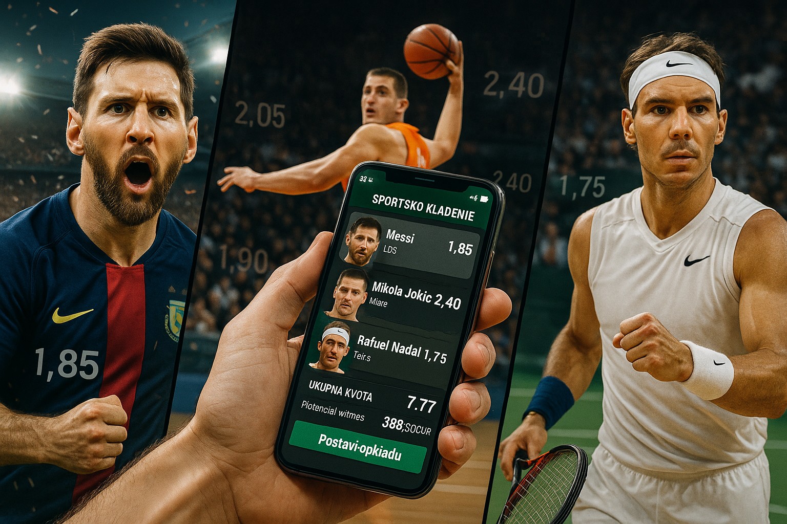 Ilustracija muškarca koji uzbuđeno tipuje na telefonu, dok se oko njega odvijaju akcioni trenuci iz fudbala, košarke i tenisa – spoj strasti i sportskog klađenja
