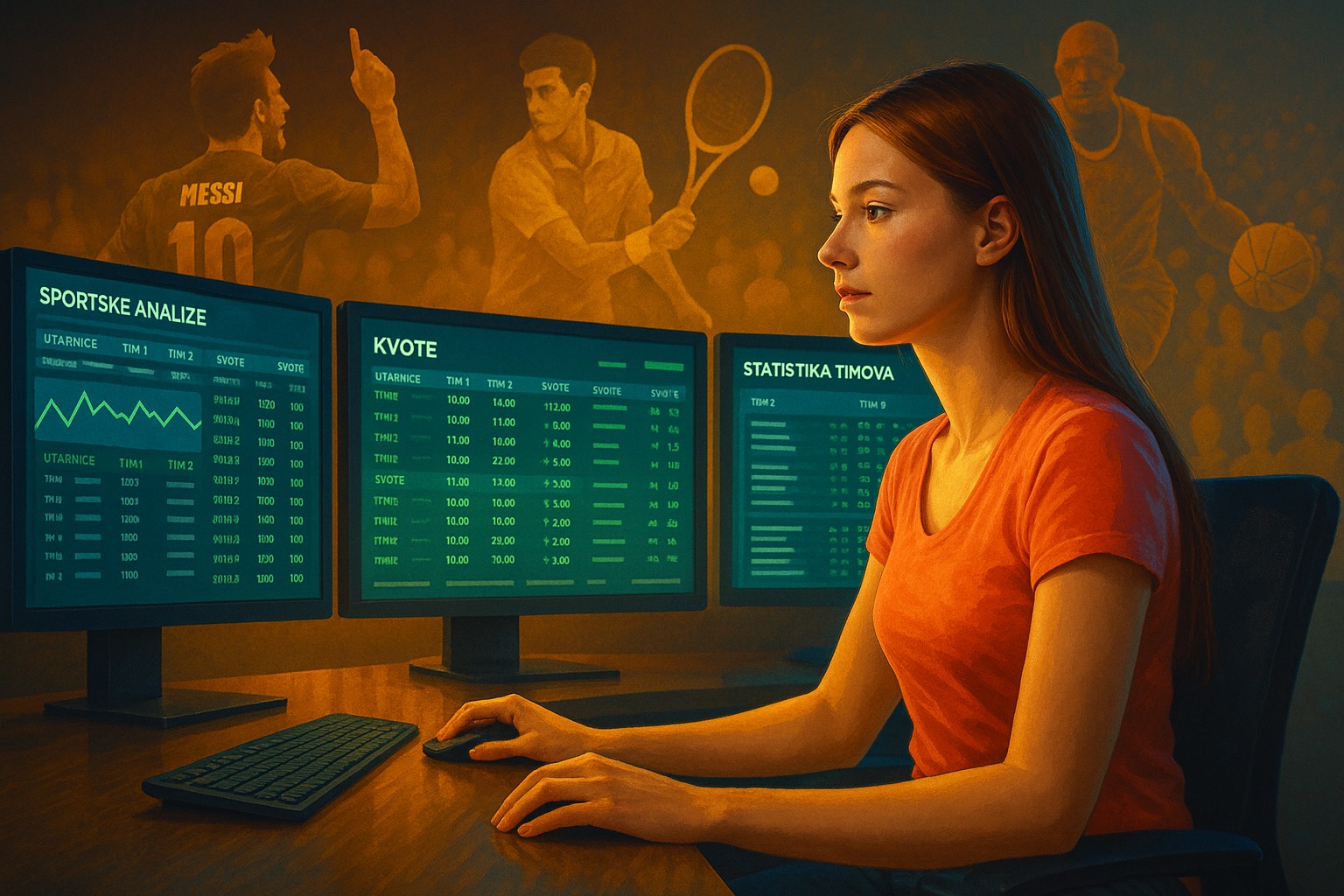 Muškarac analizira kvote i timske statistike na mobilnom telefonu, dok su u pozadini prikazani sportisti u pokretu – simbol ozbiljnog pristupa klađenju